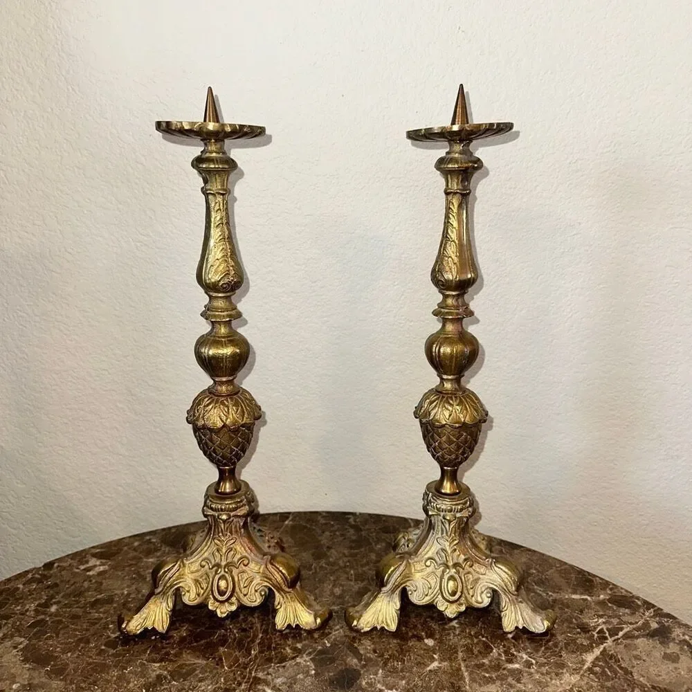 Ornate Brass Alter Candlesticks Pair